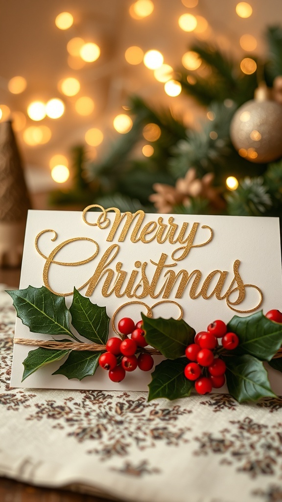 A festive Christmas card with elegant gold lettering and holly decorations.